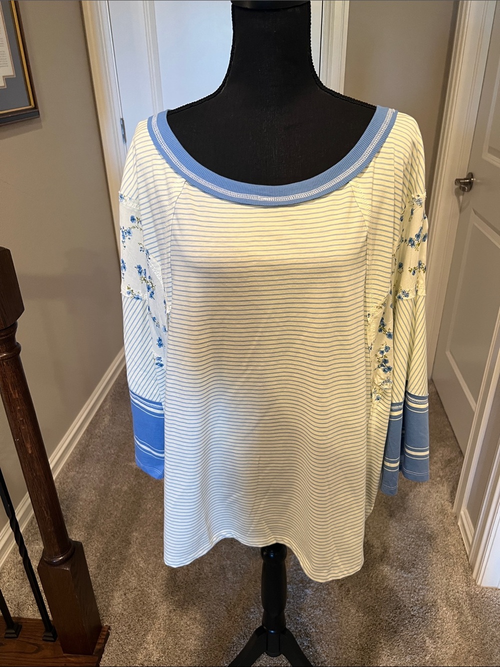 Cato Cream and Blue Striped Long Sleeve Top with Floral Sleeves